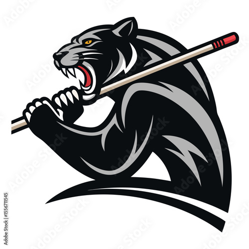 A sleek, stylized black panther, powerfully gripping a billiard cue, rests its forepaws on a pool table; vibrant, cartoonish style.