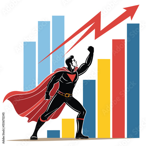 A powerful superhero strikes a dynamic pose before a dramatically rising bar chart, symbolizing success and triumph.