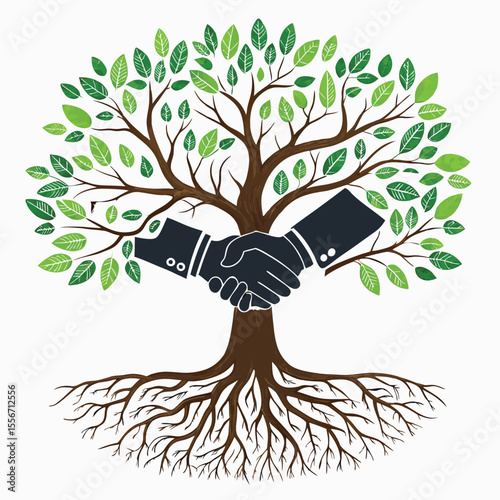 Depict a stylized handshake transforming into a flourishing tree, symbolizing partnership and growth.  Focus on vibrant green leaves and strong roots.