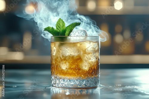 A cocktail, garnished with mint,  in a crystal glass, with smoke rising