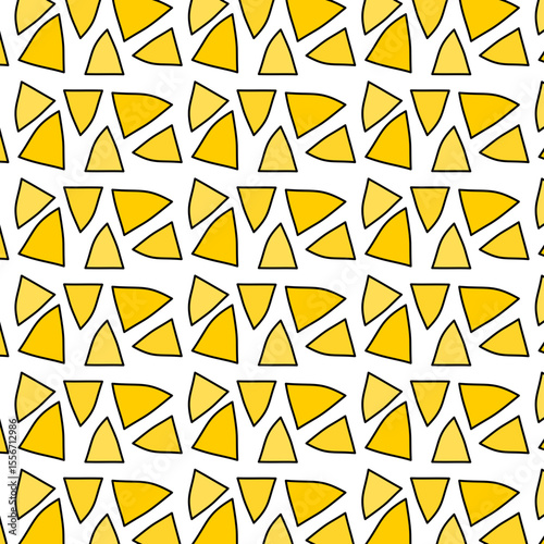 Seamless pattern with cartoon nacho chips a lot on white background. Mexican food. Vector illustration