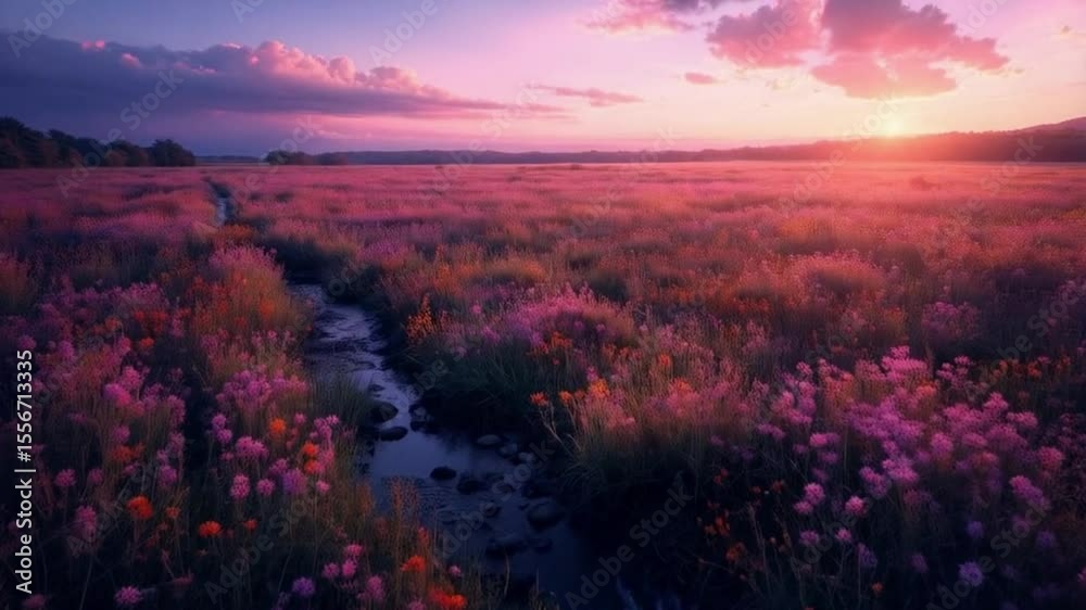 Serene landscape with a stream flowing through a field of flowers at sunset with pink sky view video