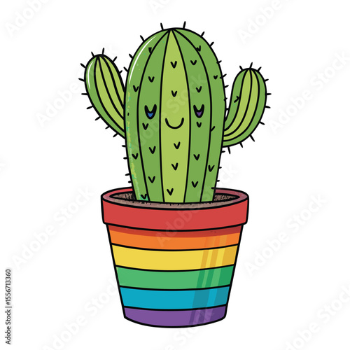 A whimsical, cute cactus smiles shyly in a rainbow-colored pot; charming, heartwarming illustration.