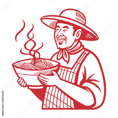 Exaggerated caricature of Thai street vendor expertly selling noodle soup. Busy street food scene.
