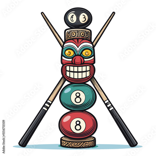 A whimsical tiki totem crafted from stacked pool balls and cues, showcasing vibrant colors and playful design.  The totem's details and overall composition should be clearly visible.