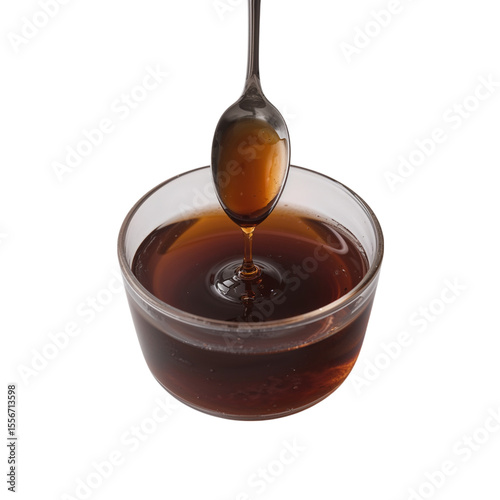 Golden honey drips from a spoon into a glass bowl, creating a delicious and enticing scene on a stark transparent background.