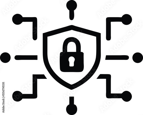 Black silhouette design of a shield icon and padlock symbol seamlessly integrated