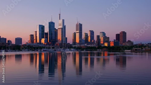 Sunset light glows over peaceful city skyline and reflections