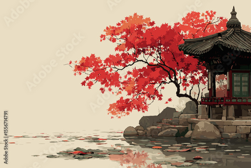Korean traditional pavilion surrounded by autumn foliage — oriental style illustration