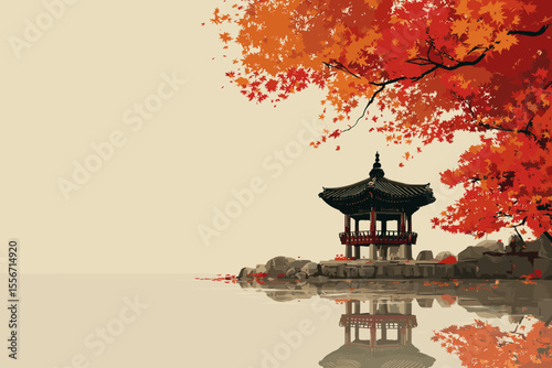 Korean traditional pavilion surrounded by autumn foliage — oriental style illustration