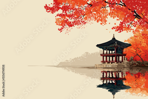 Korean traditional pavilion surrounded by autumn foliage — oriental style illustration