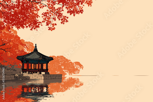 Korean traditional pavilion surrounded by autumn foliage — oriental style illustration