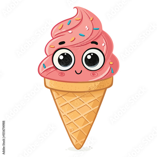 Happy ice cream cone cartoon with colorful sprinkles, big smiling 'e' face, cute, cheerful, joyful.