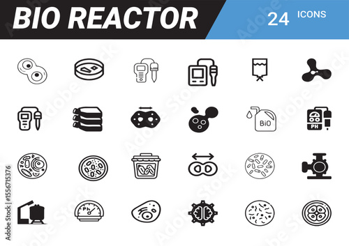 Bio Reactor Icons: A comprehensive set of vector icons, neatly arranged and labeled as 'Bio Reactor'. These icons represent various elements and processes related to the field of biological reactors.