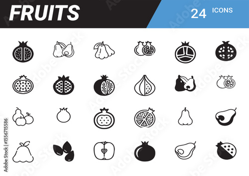 Fruit Icon Set: A comprehensive collection of 24 fruit icons, featuring various fruits such as pomegranates, pears, apples, and more, in both solid black and line art styles.