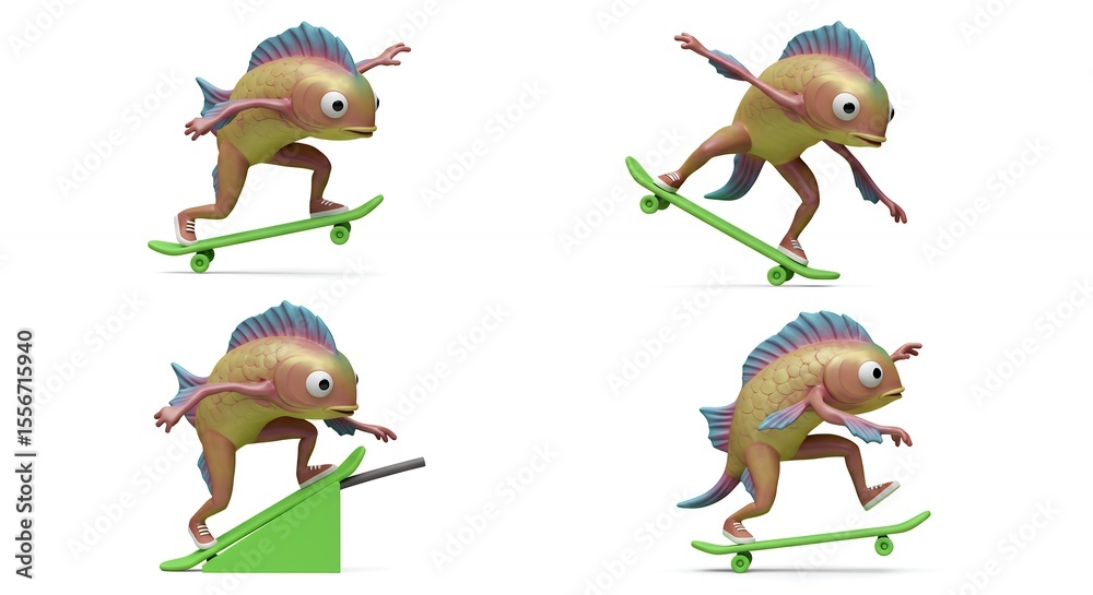 Naklejka premium Fish cartoon skateboarding illustration