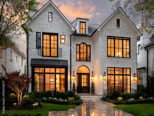 Upscale white brick home features black framed , black door, and lush green landscaping at sunset.
