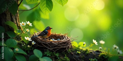 Cozy bird's nest nestled amongst lush green leaves and delicate wildflowers, sunlight dappling through the branches Perfect for spring or nature themes , light, foliage