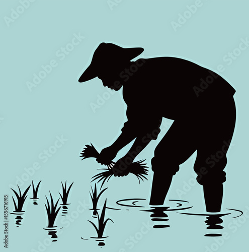 Silhouette of a farmer planting rice in water, showcasing dedication to agriculture.