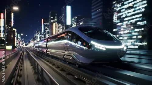 Futuristic high-speed train racing through a vibrant cityscape at night, illuminated skyscrapers in background
