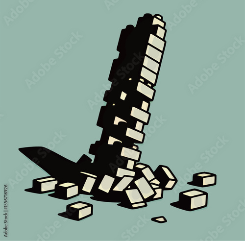 An artistic representation of a tumble of white cubes on a mint green background.