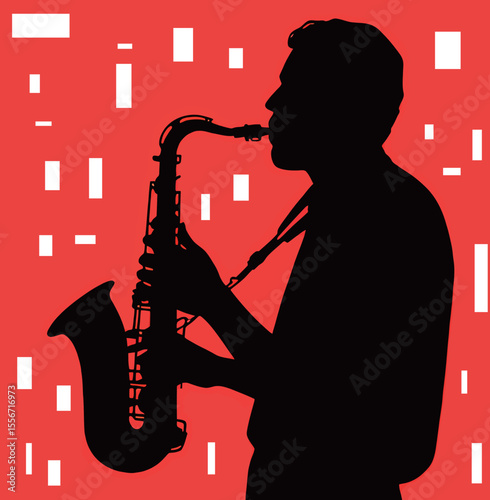 Silhouette of a male saxophonist playing against a vibrant red backdrop.
