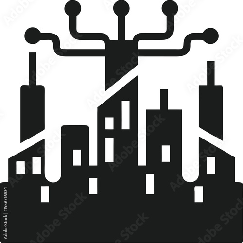 Abstract silhouette of a city skyline with interconnected lines design