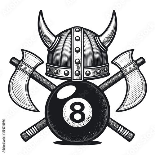 A Viking helmet dramatically perched atop a black eight ball; crossed axes stand guard in the background, creating a striking visual juxtaposition.
