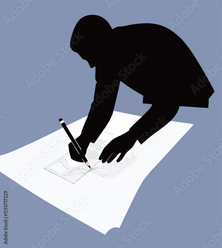 Silhouette of a person sketching on a large sheet of paper.