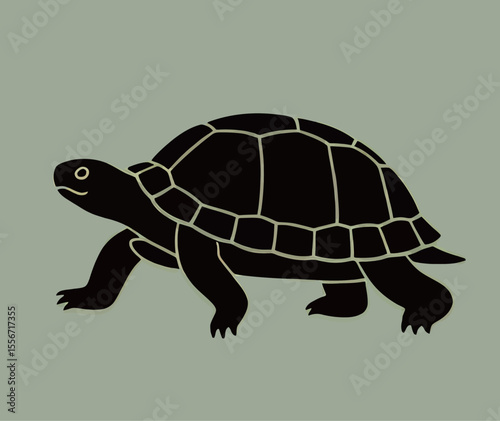 A stylized black tortoise illustration on a soft green background.