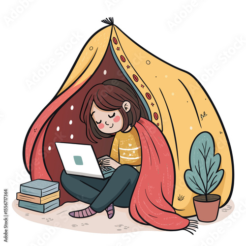 Cozy anime girl curled in blanket fort, (1) cat plushie, soft lighting, peaceful expression.