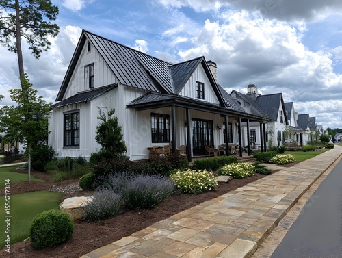 A beautiful white modern farmhouse with black trim stands proudly on a sunny day in a new development.