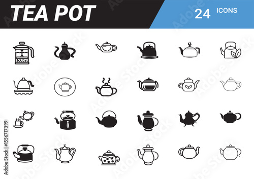 Tea Pot Icon Set: A series of teapot icons featuring a variety of styles for culinary, tea or kitchen graphic projects