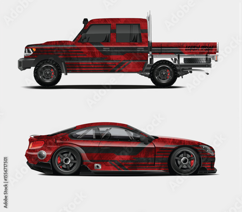 Red and Black Car Wrap Designs for Pickup Truck and Sports Car