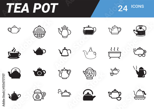 Teapot Icons: A diverse set of teapot icons, offering various designs to illustrate and enhance themes related to tea, beverages, and culinary art.