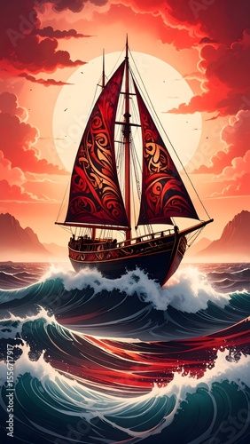 Vibrant sailor at sea in tribal tattoo style with dramatic reds and bold contrasts
