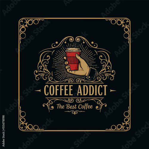 Vintage Coffee Addict Badge Logos with Ornate Typography for Branding