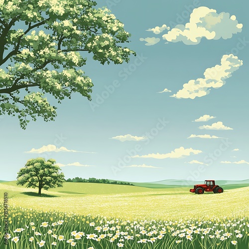 Tranquil Daisy Meadow with Red Tractor Under Open Sky Cartoonish Illustration