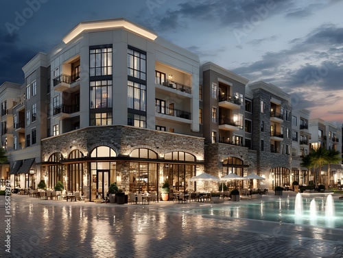 Beautiful upscale apartment building with restaurant and water feature glows at twilight in urban setting.