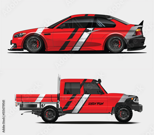 Red Race Car and Pickup Truck Graphic Designs