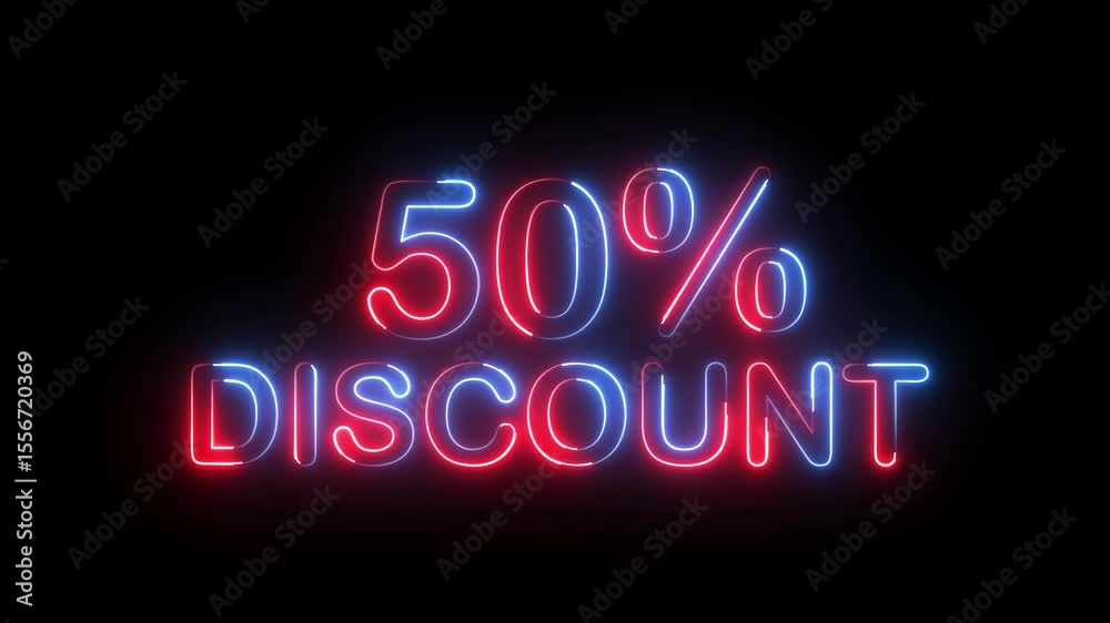 50% percent discount text icon animation glowing neon red and blue color number letter word offer business banner sign template shop marketing advertisement signboard on black background 50% percent discount text icon animation glowing neon red and blue color number letter word offer business banner sign template shop marketing advertisement signboard on black background