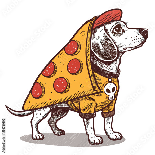 Adorable dog costume, pizza slice, canine wearing food outfit. Funny animal isolated on clean, white background.