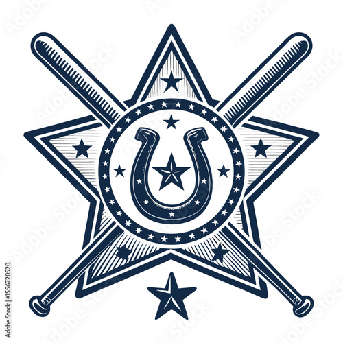 Western badge design stars, horses, sheriff, vintage, ornate, detailed. Rustic charm, metal texture.