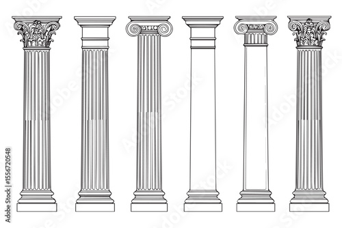 Classical Columns with Various Architectural Orders: Doric, Ionic, and Corinthian Styles