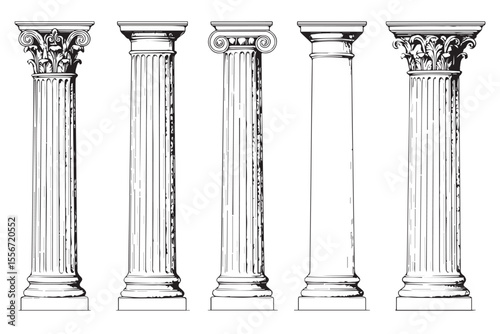 Collection of Detailed Black and White Classical Column Designs Featuring Different Orders: Ionic, Corinthian, and Doric Styles