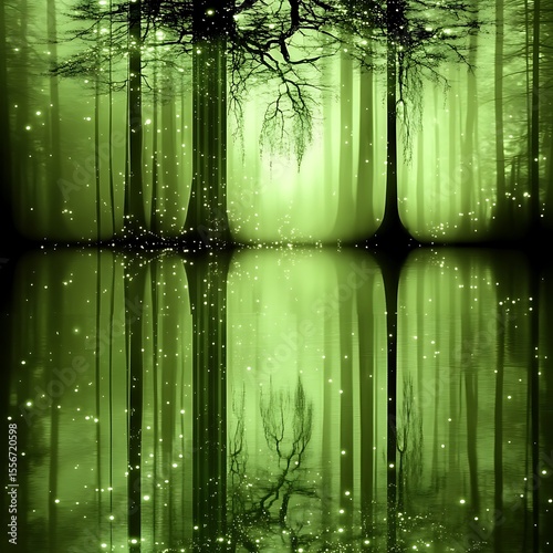 Mystical Forest Reflection: Ethereal Green Landscape with Sparkling Light