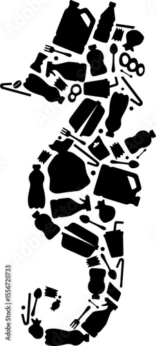 Ocean Animal Silhouette Filled with Garbage, Marine Pollution and Wildlife Impact
