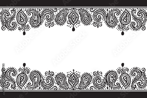 Intricate Black and White Paisley Pattern with Elegant Swirling Lines and Decorative Drops on Canvas Background