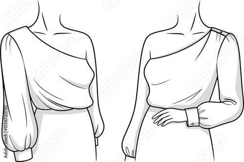 One shoulder blouse, fashion illustration, elegant women’s top, technical flat sketch, garment design, stylish draped sleeve vector drawing
