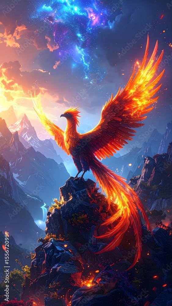 Fototapeta premium Legendary bird with wings outstretched gliding over towering mountain in fantasy realm